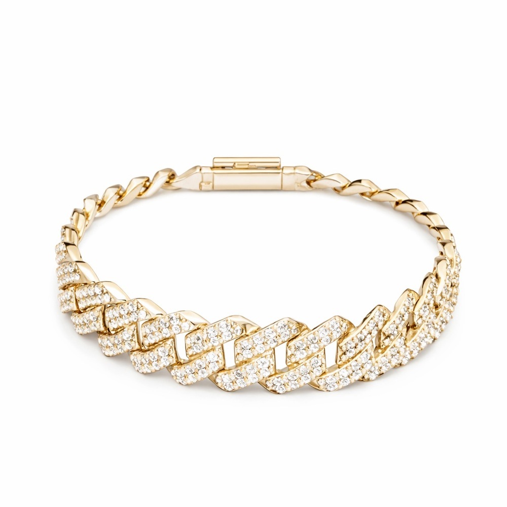 Gold Cuban Link Bracelet with Pave Crystals 14mm • 7.5”